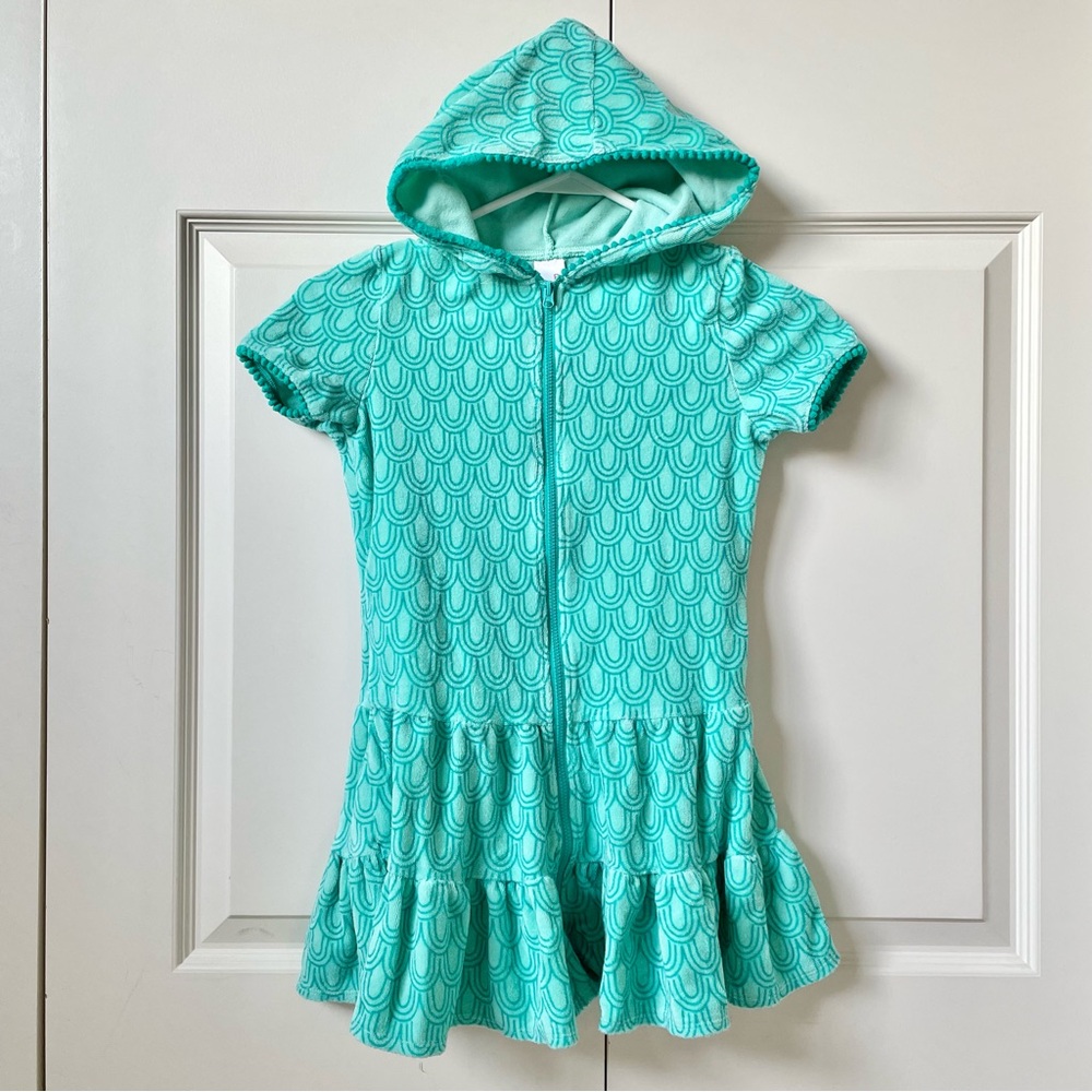 Cat & Jack Teal mermaid tail Patterned Zip-Up Hooded swim beach coverup size 7/8